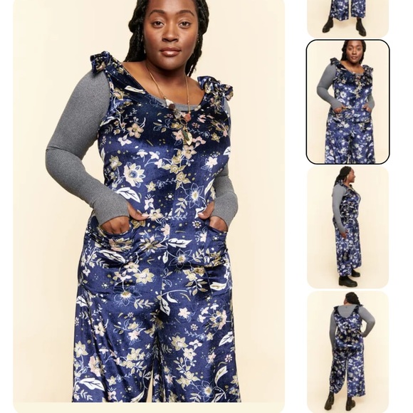 Earthbound Blue Floral Sleeveless Velvet Wide Leg Stretch Jumpsuit Pockets M/L - Picture 3 of 12